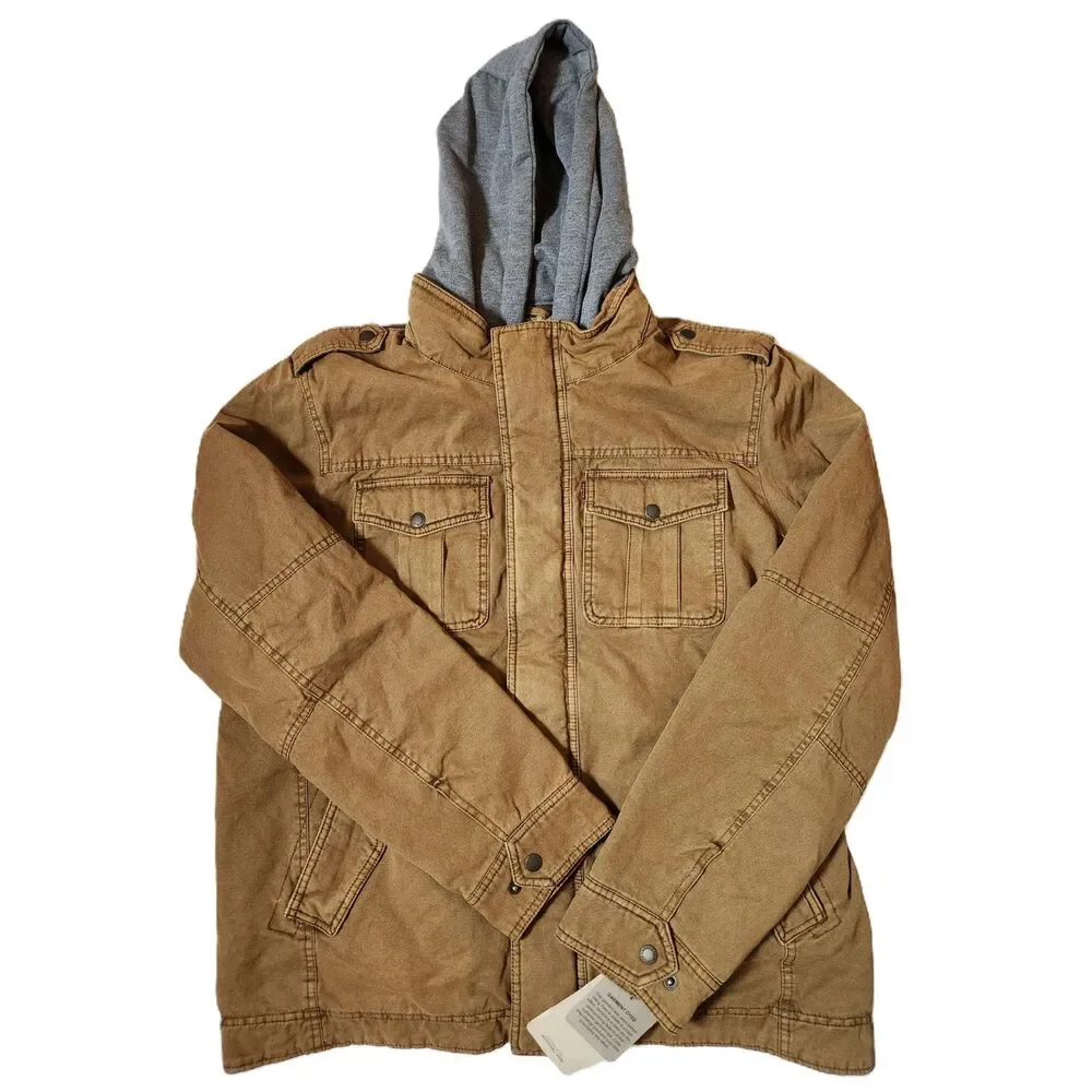 Levi's Washed Cotton Hooded Military Jacket – Men's Size Large Brown **read